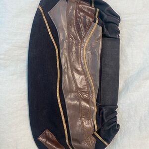 Vintage Carlos Falchi Women’s Black and Brown Canvas Clutch with Leather Design